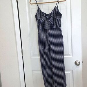Main Strip Womans Navy Striped jumpsuit, cutout top, Pockets, Large